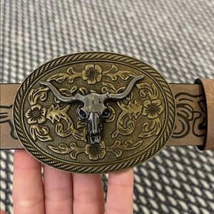 Brown Western Belt with Bull Skull Buckle